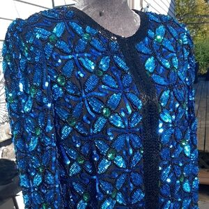 80's Laurence Kazar💙Blue&💚Green Sequin Blazer EUC Size M